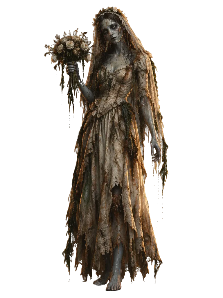 The Drowned Bride: mayat pengantin bergaun basah dan lapuk, kerudungnya penuh rumput sungai, tangan terangkat memegang buket bunga mati.