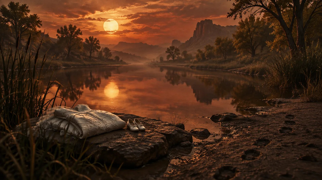 Sungai yang diam seperti cermin, sebuah gaun terlipat dan sepasang sepatu putih kecil di atas batu.