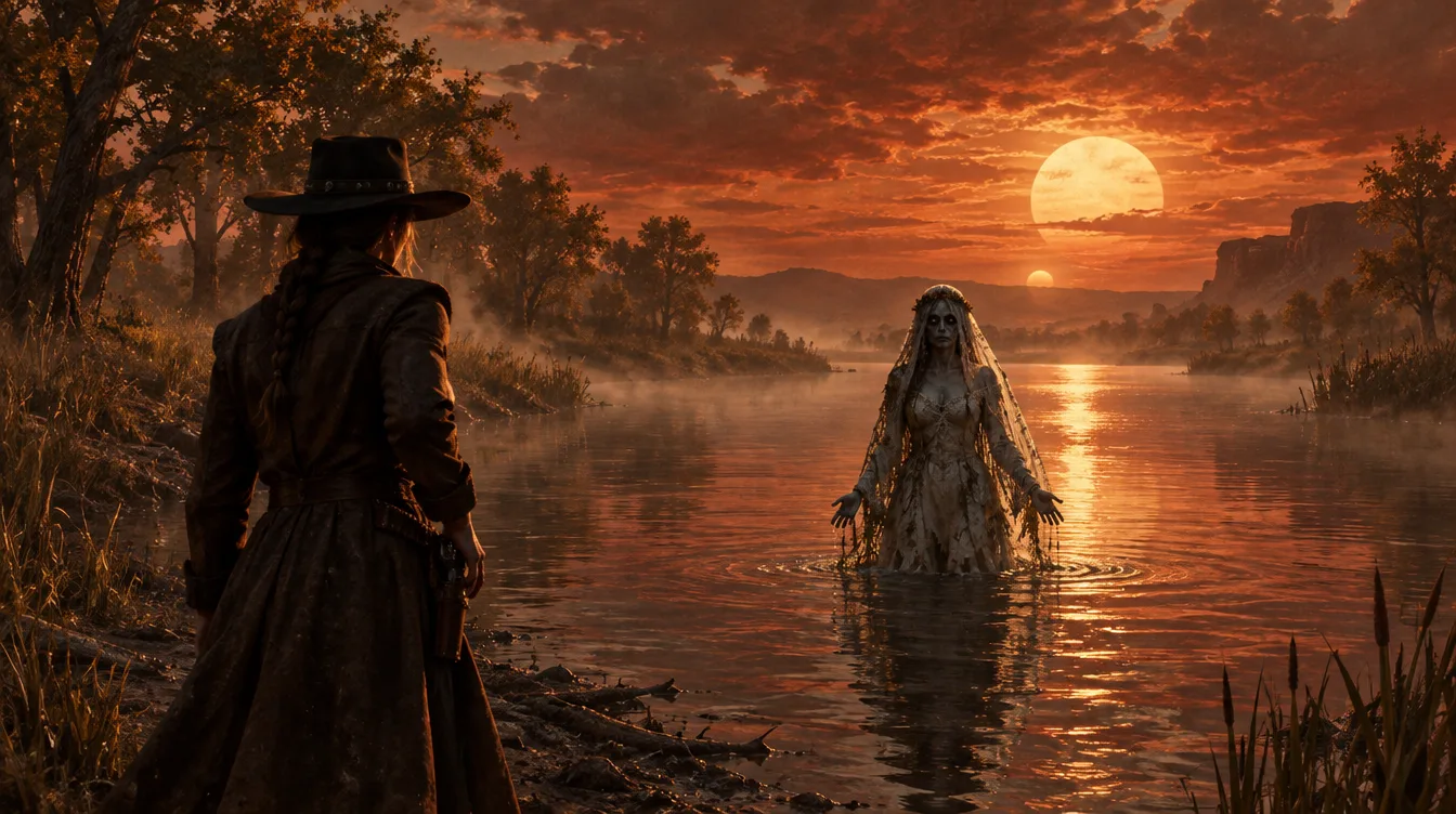 Sungai Mercy Creek saat senja. Pengantin yang tenggelam berdiri di air setinggi pinggang, dan Ruth Harrow menunggunya di tepi.