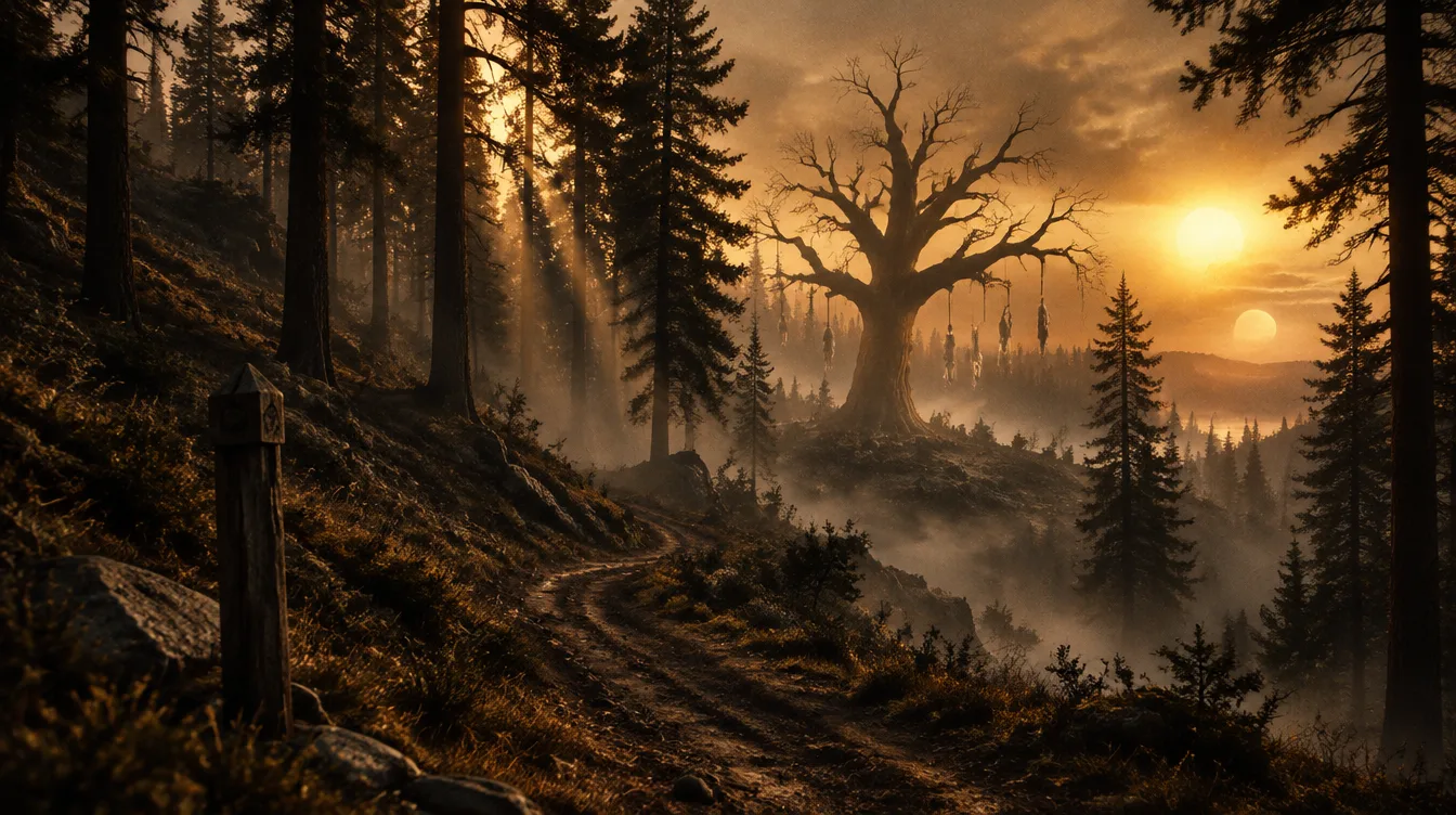 Hollow Pines: hutan pinus gelap berkabut, jalan setapak, dan pohon gantung raksasa di tanah lapang.