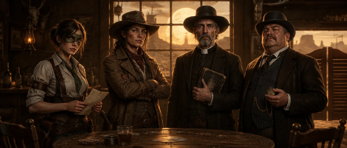 Empat tokoh di saloon senja, dari kiri: Mae Quill, Ruth Harrow, Deacon Amos Pell, dan Hollis Kane.