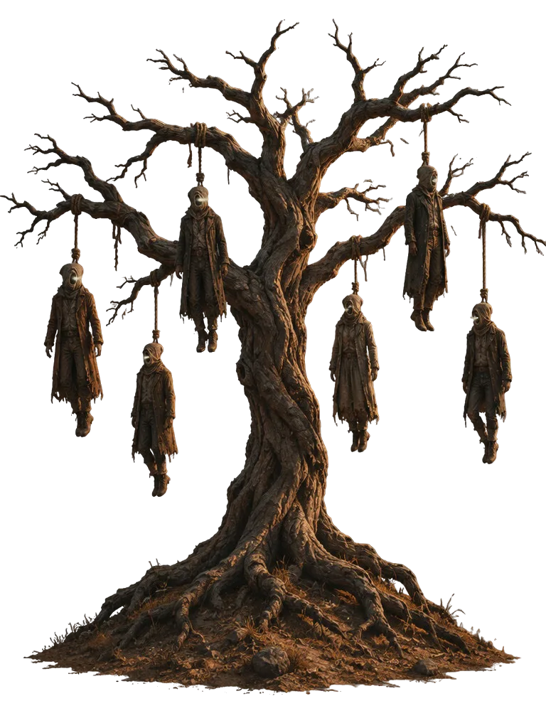 Hangtree Choir: pohon mati raksasa dengan enam sosok tergantung di tali dari cabangnya, mulut mereka terbuka seolah bernyanyi.