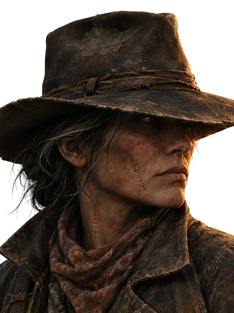 Ruth Harrow dari samping, matanya tersembunyi di bawah pinggir topi, bekas luka tipis di pipi.
